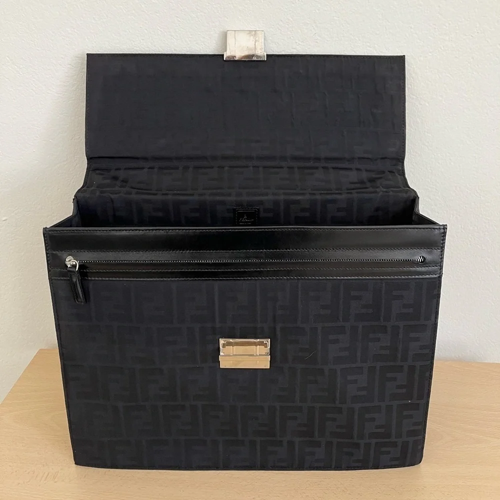 Rare FENDI Zucca Black Monogram Briefcase Unisex Canvas Leather EUC 1990s